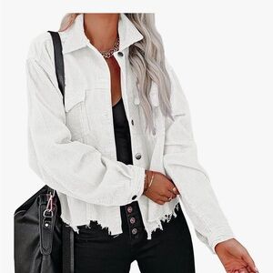 Stylish White Corduroy Jacket with Distressed Hem